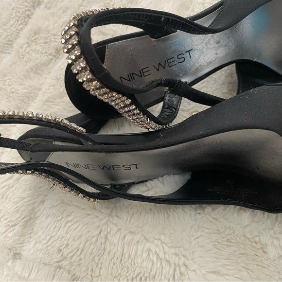 Nine West Black Satin Rhinestone Pointed Toe Slingback Heels Size 7 - Picture 9 of 11
